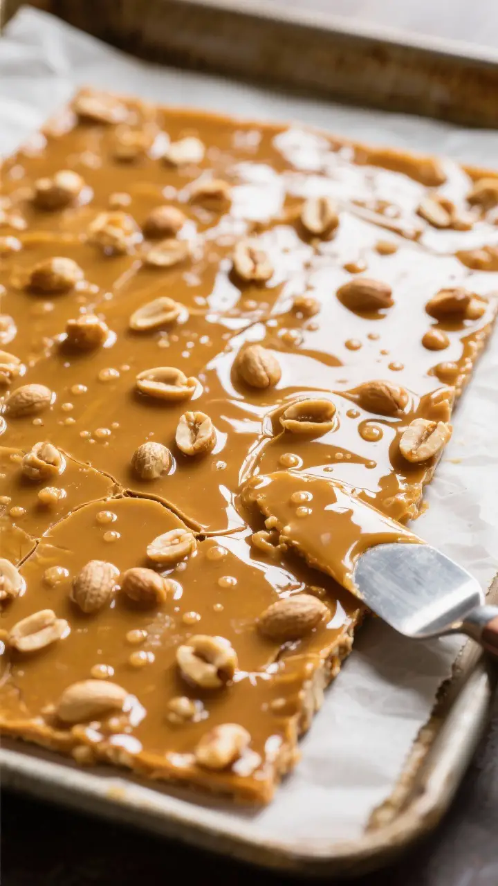 Close-up detail: A glossy sheet of freshly spread peanut brittle still warm on a parchment-lined tra