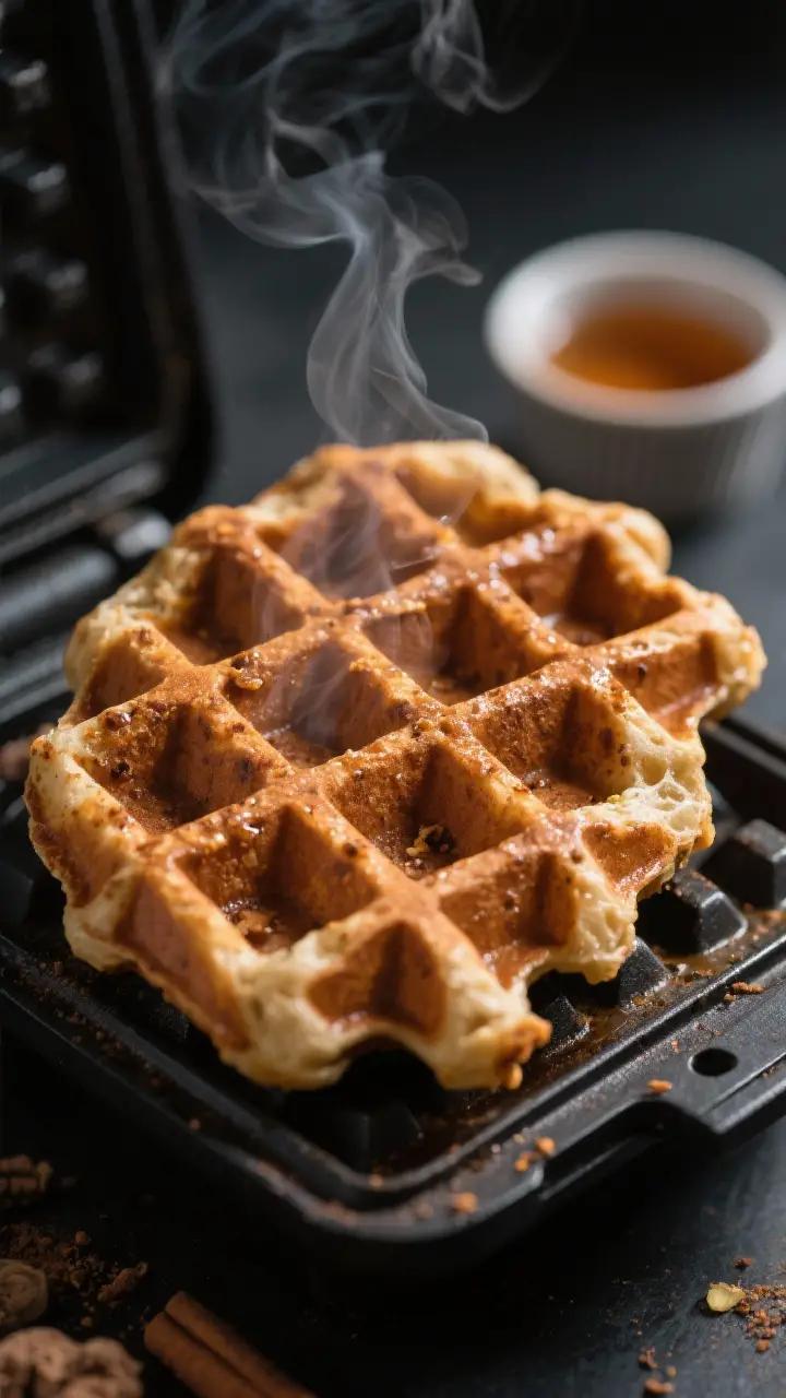 Close-up detail: A golden-brown gingerbread waffle just lifted from a hot waffle iron, steam softly 