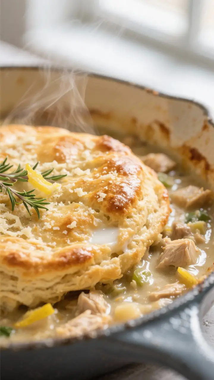 Close-up detail: a golden, puffed biscuit topping just out of the oven, with creamy chicken pot pie 