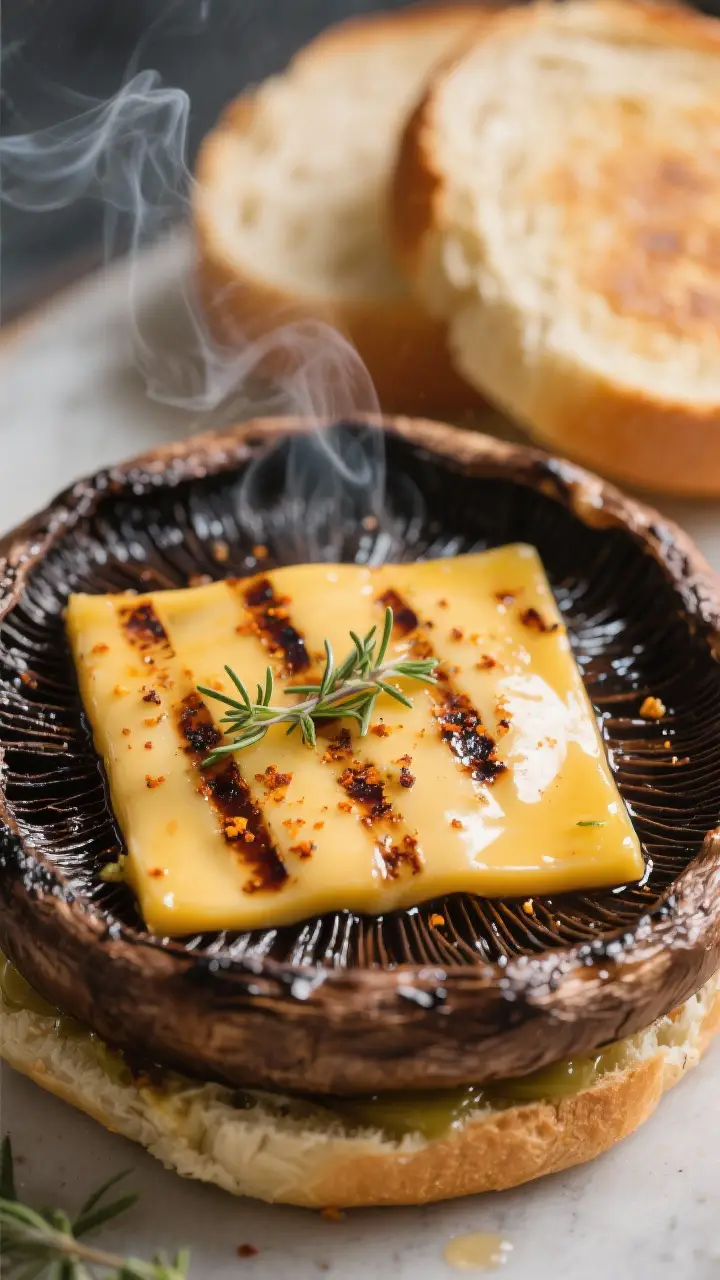 Close-up detail: A grilled portobello cap fresh off the grill, cap side up, glistening with balsamic