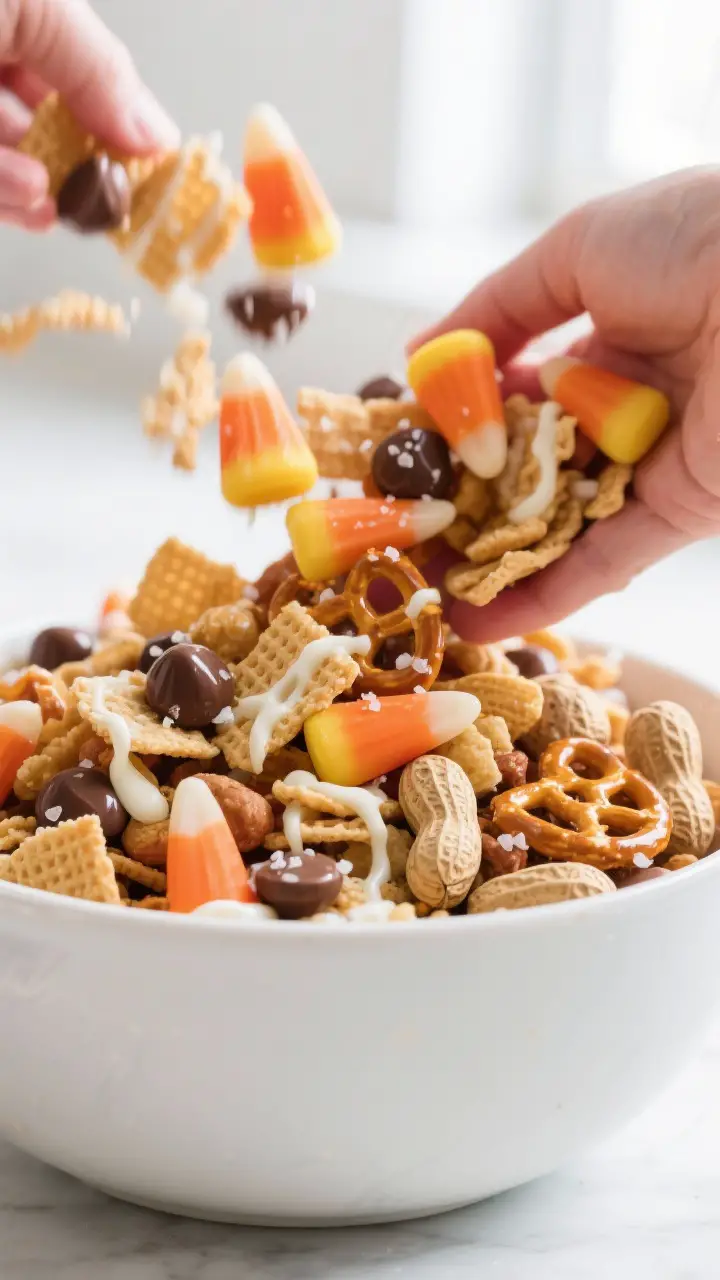 Close-up detail: A heaping handful of the prepared Sweet Salty Candy Corn Snack Mix mid-toss in a wi