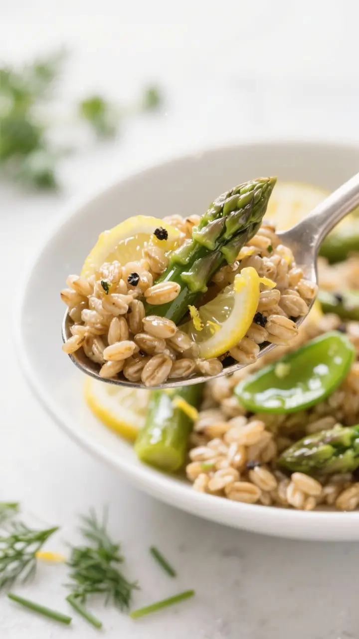 Close-up detail: A heaping spoonful of cooked farro tossed with glossy lemon-garlic dressing, flecks