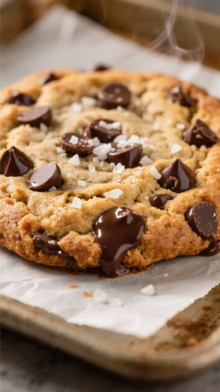 Close-up detail: A just-baked, bakery-sized chocolate chip cookie cooling on parchment, edges deep g