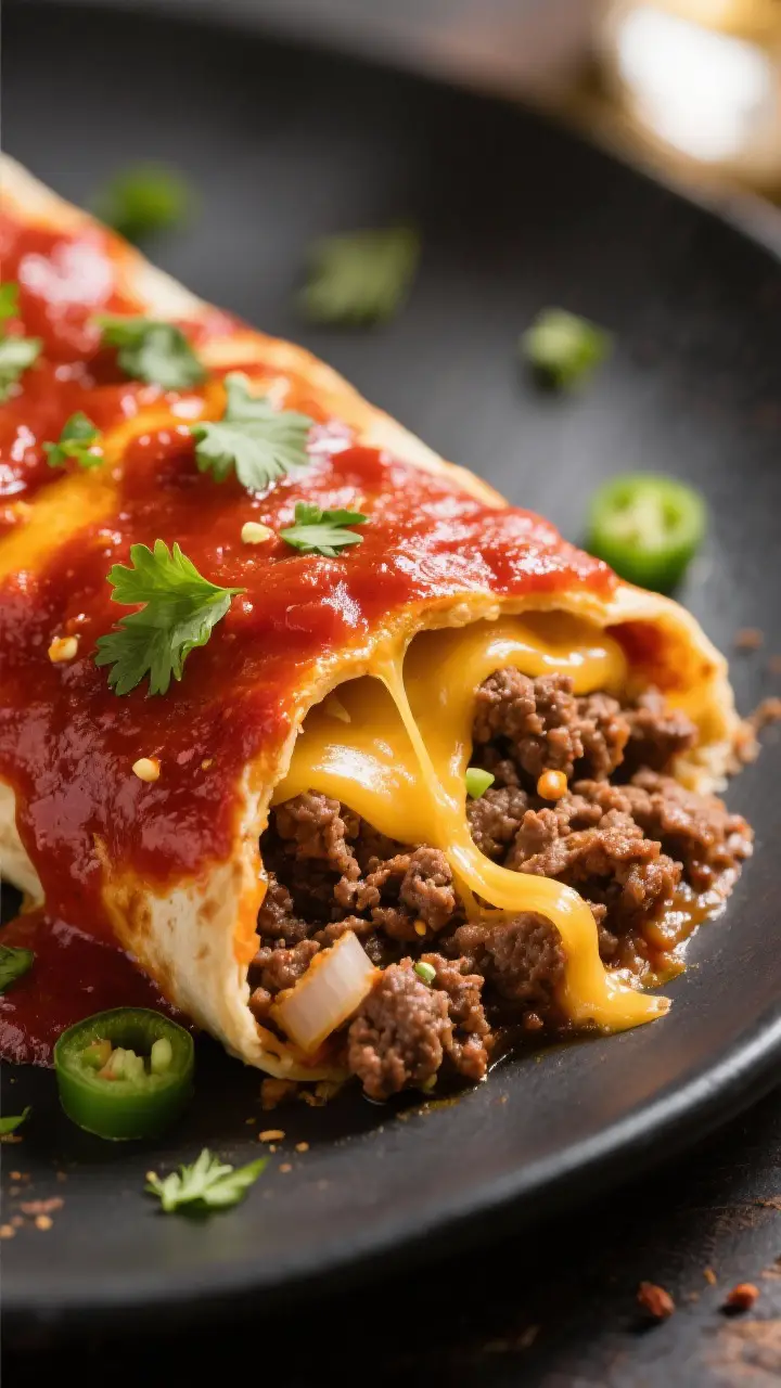 Close-up detail: A just-baked beef enchilada sliced open to reveal tender, seasoned ground beef with