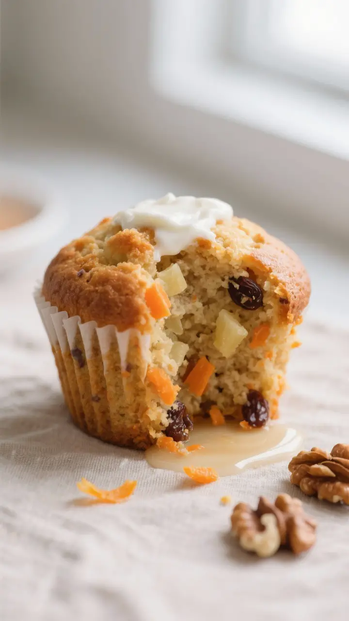 Close-up detail: A just-baked carrot cake muffin torn open to reveal a moist, tender crumb with fine