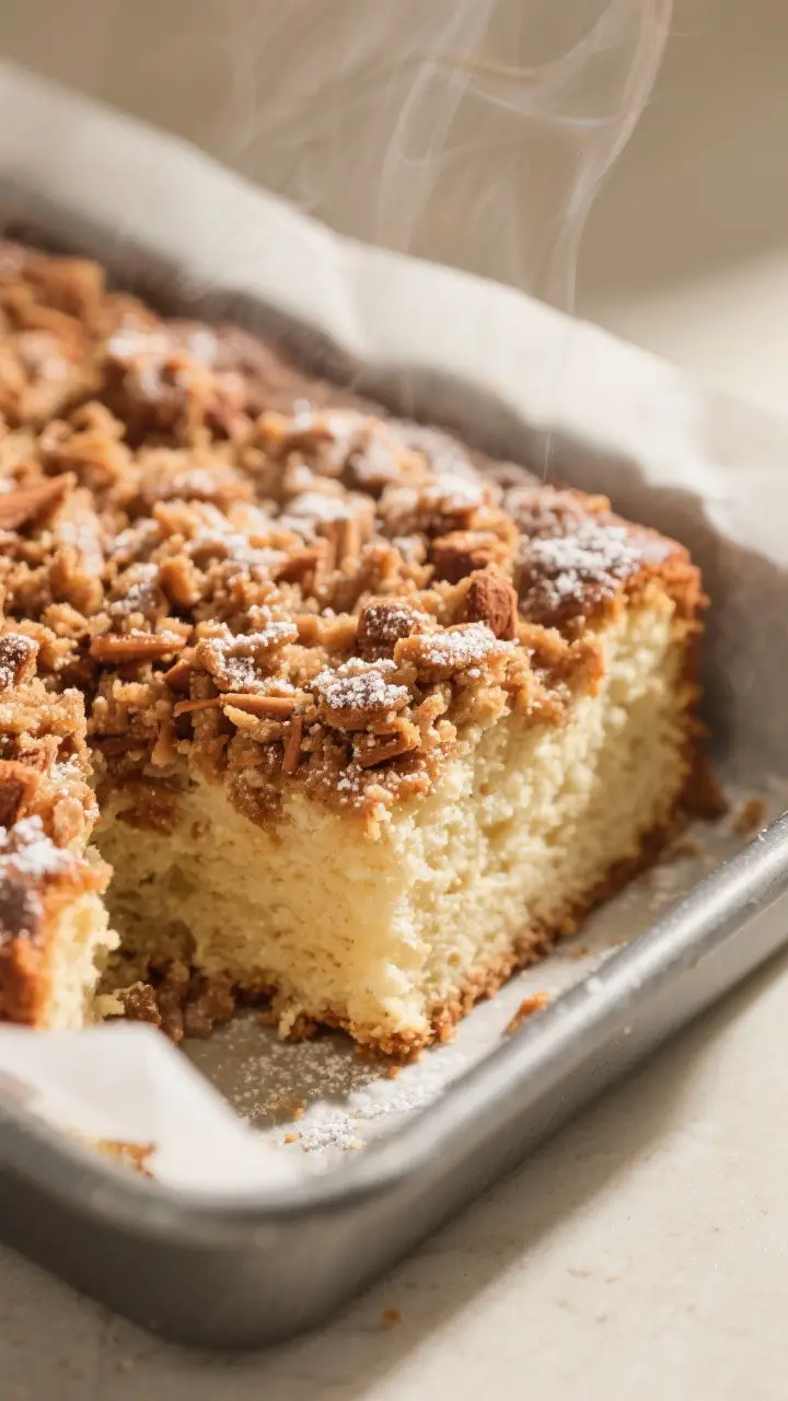 Close-up detail: A just-baked Cinnamon Crumb Cake corner slice lifted from an 8-inch square pan, foc