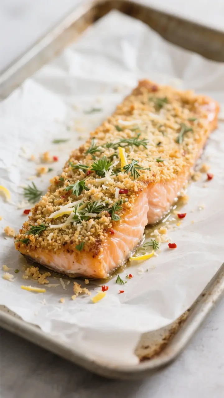 Close-up detail: A just-baked herb-crusted salmon fillet on a parchment-lined sheet pan, the panko-P