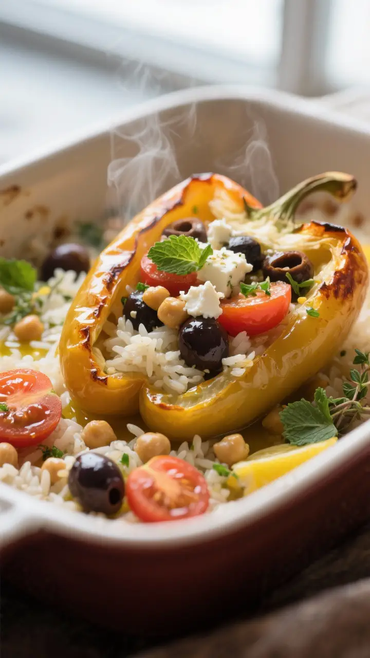 Close-up detail: A just-baked Mediterranean stuffed pepper sliced open on a warm baking dish, reveal