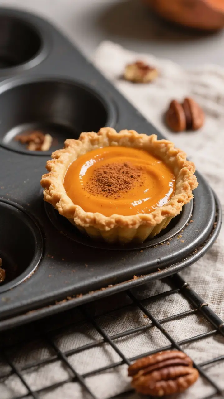Close-up detail: A just-baked mini sweet potato pie lifted from a muffin pan, showing silky, custard