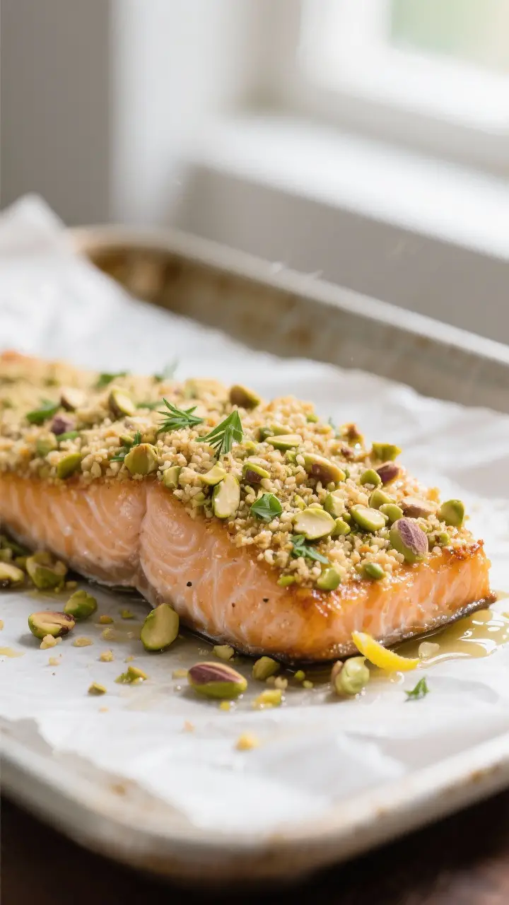 Close-up detail: A just-baked pistachio-crusted salmon fillet on a parchment-lined sheet pan, crust