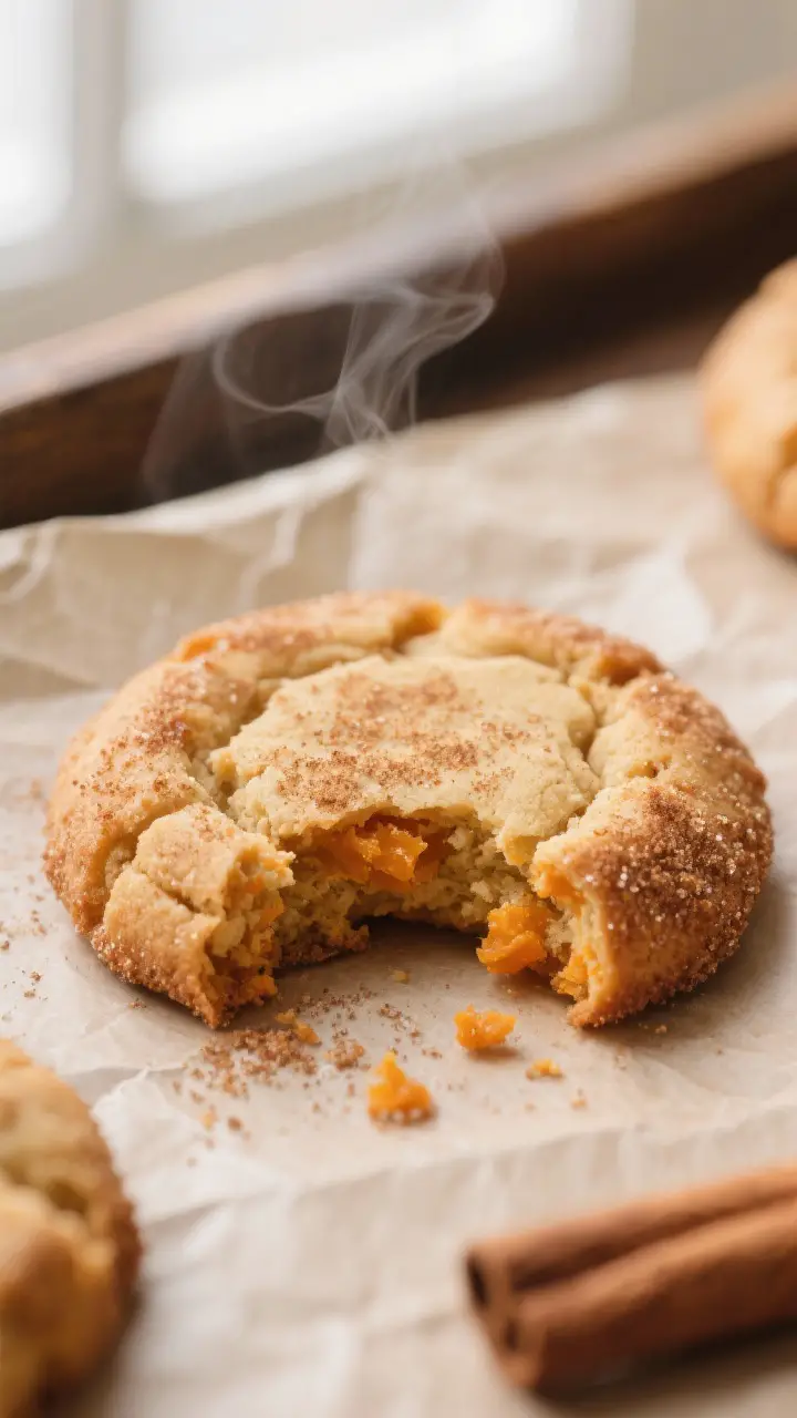 Close-up detail: A just-baked pumpkin snickerdoodle resting on parchment, cracked cinnamon-sugar cru