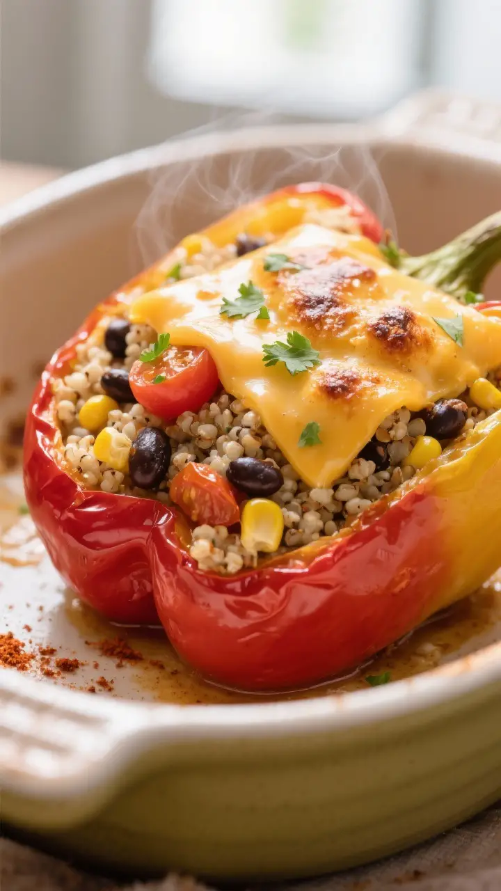 Close-up detail: A just-baked quinoa-stuffed red and yellow bell pepper, filling mounded and melty w