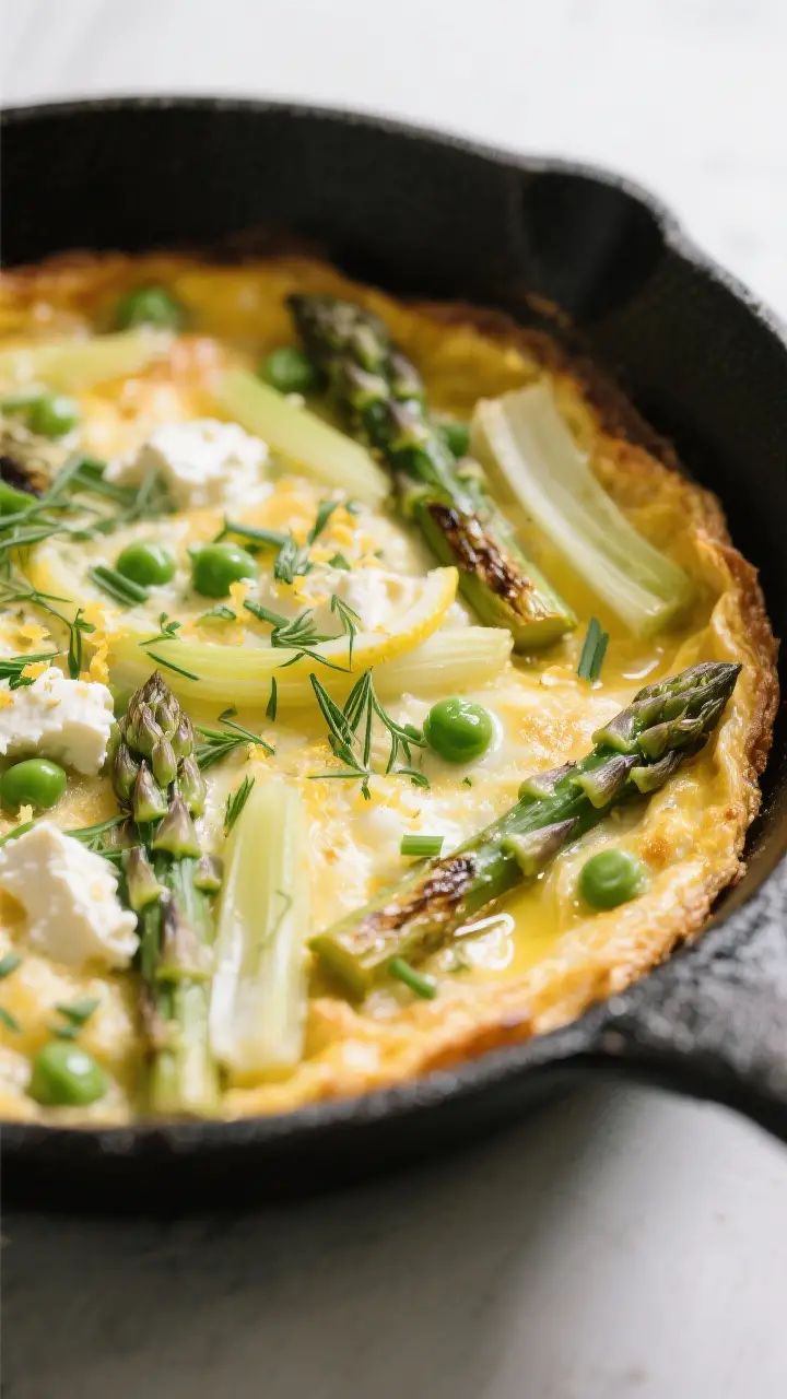 Close-up detail: A just-baked spring vegetable frittata in a black cast-iron skillet, edges lightly 