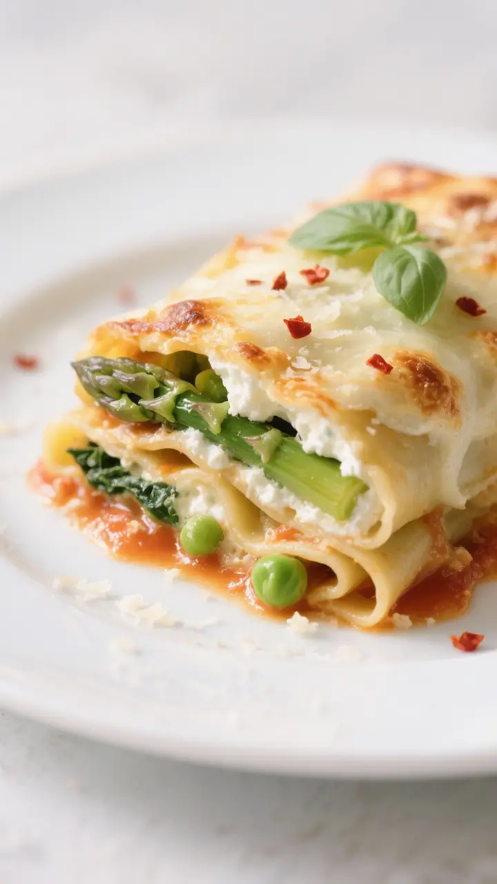 Close-up detail: A just-baked Spring Vegetable Lasagna Roll sliced open to reveal creamy ricotta fle