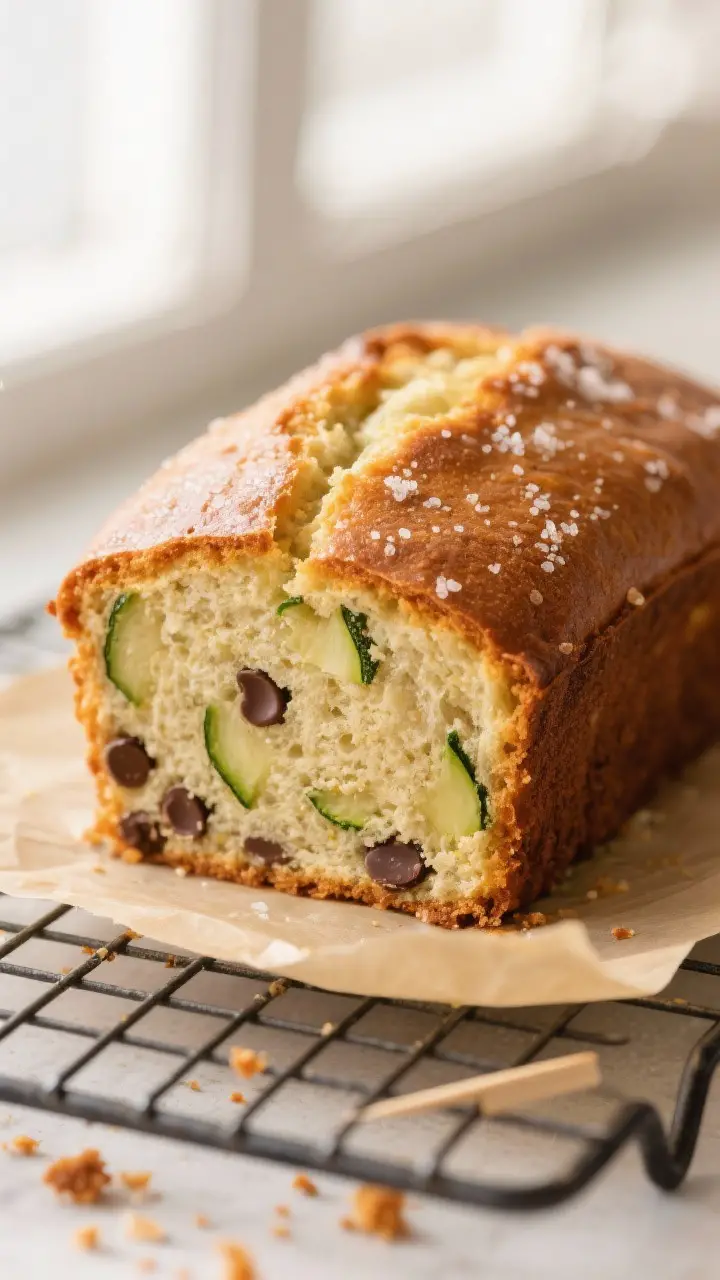 Close-up detail: A just-baked zucchini bread loaf cooling on a wire rack, golden-brown domed top wit