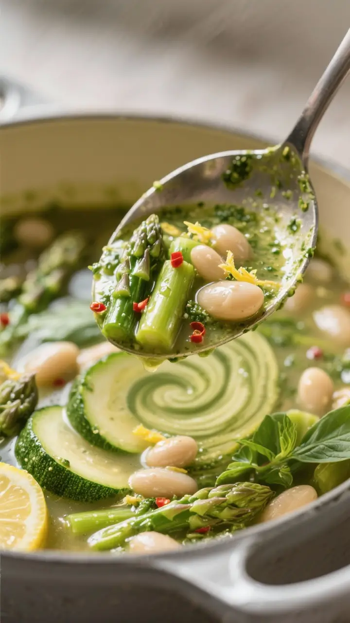 Close-up detail: A ladle lifting a scoop of finished spring minestrone from the pot, . Vivid green s