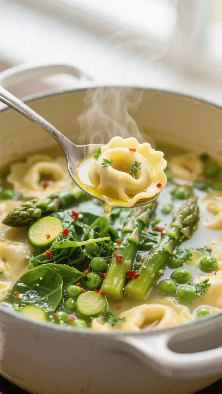 Close-up detail: A ladle lifting cheese tortellini from a simmering pot of lemony herb broth, with b