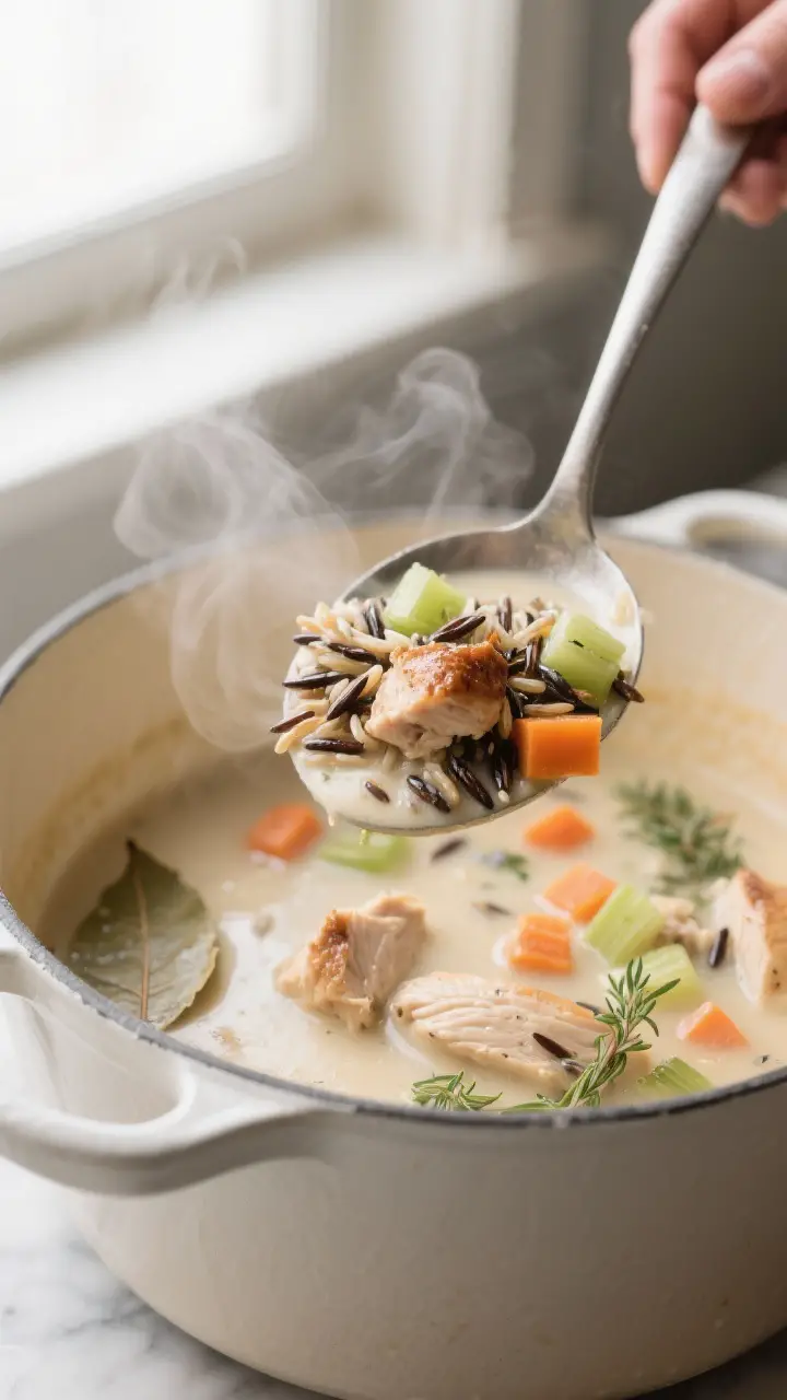 Close-up detail: A ladle lifting creamy chicken and wild rice soup from a Dutch oven mid-simmer, sho