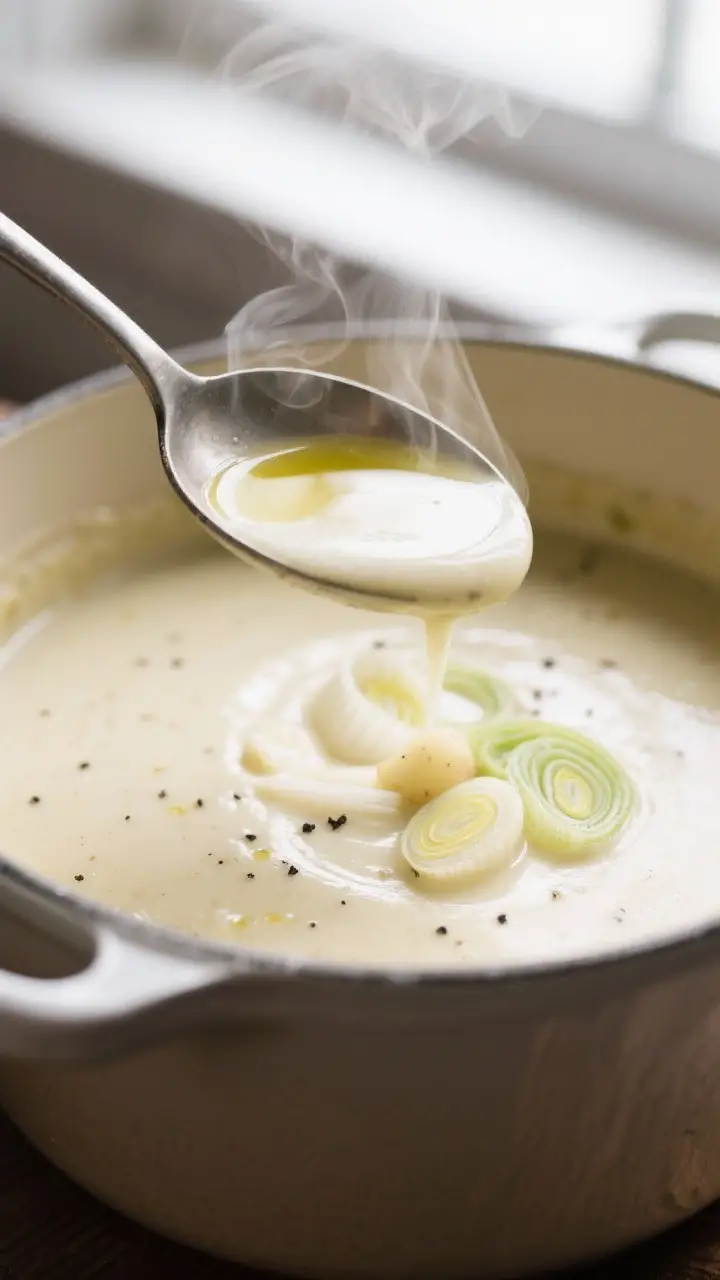 Close-up detail: A ladle lifting silky potato leek soup from a Dutch oven right after blending, stea