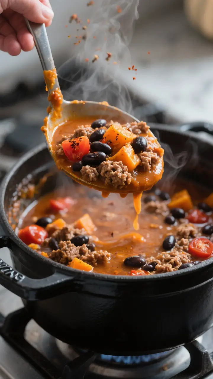 Close-up detail: A ladle lifting thick pumpkin chili from a matte black Dutch oven during a gentle s