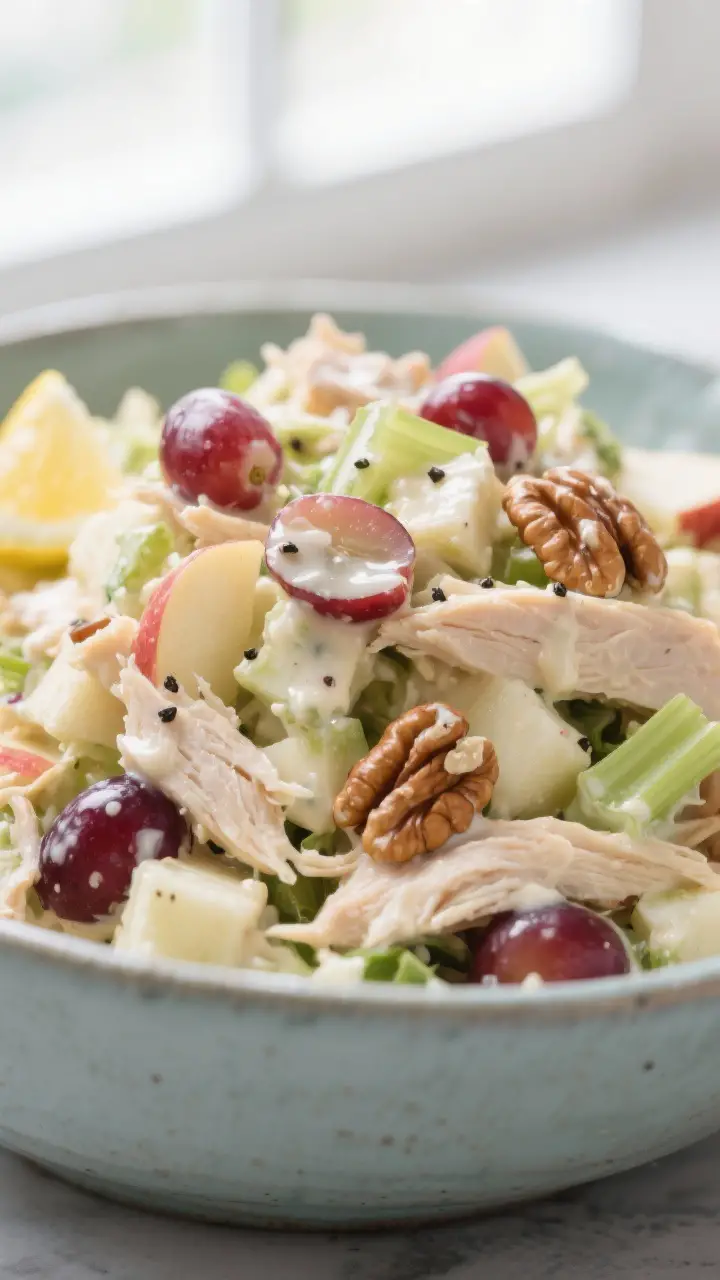 Close-up detail: A mound of chilled Chicken Waldorf Salad just after combining, showing glossy dress