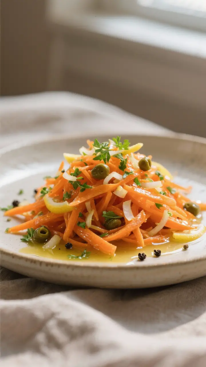 Close-up detail: A mound of freshly tossed French carrot salad with grated orange carrots glistening