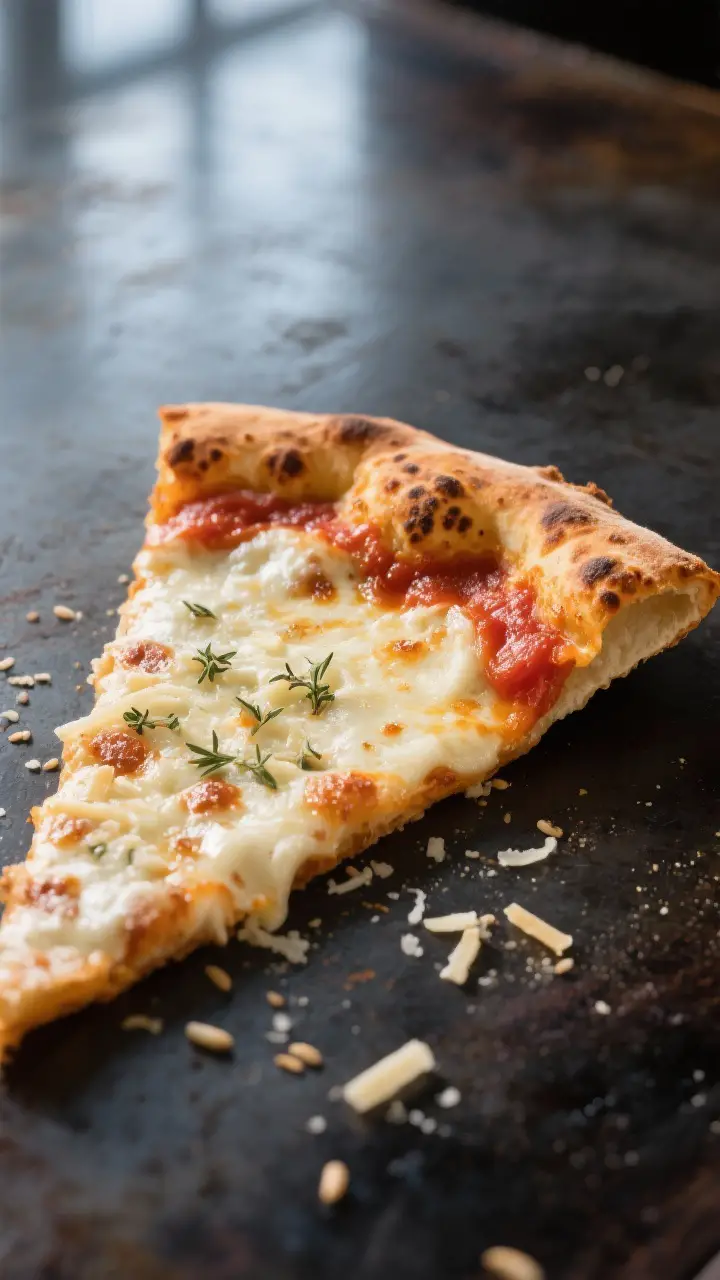 Close-up detail: A New York style pizza slice just out of the oven, crust edge showing deep golden c