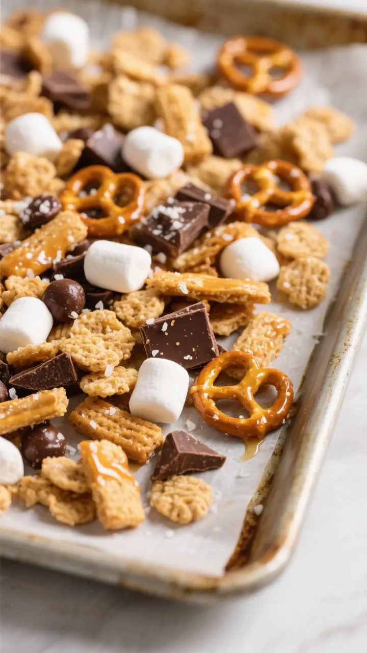 Close-up detail: A parchment-lined baking sheet covered with freshly mixed Smores Snack Mix, showing