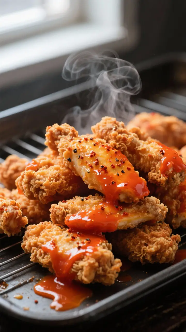 Close-up detail: A pile of freshly cooked Buffalo chicken tenders just after tossing in warm buttery