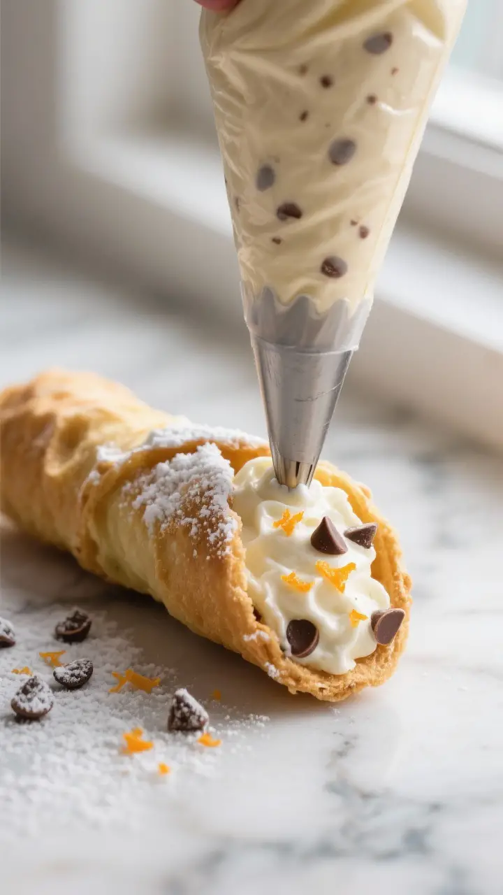 Close-up detail: A piping bag fitted with a large round tip squeezing silky cannoli cream into a cri