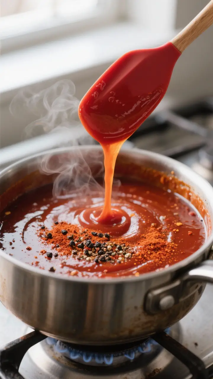 Close-up detail: A saucepan of simmering Texas BBQ sauce at the “low and slow” stage, glossy and