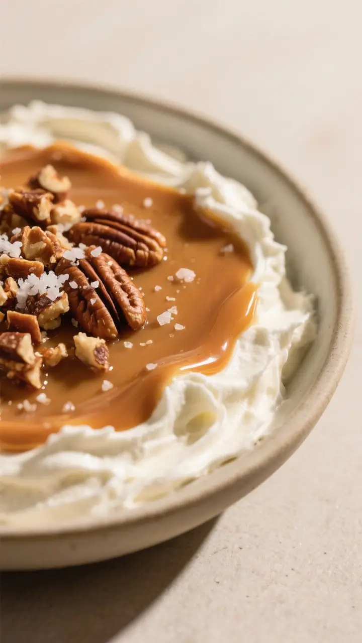 Close-up detail: A shallow bowl spread with a fluffy, whipped cream cheese base topped with a thick,