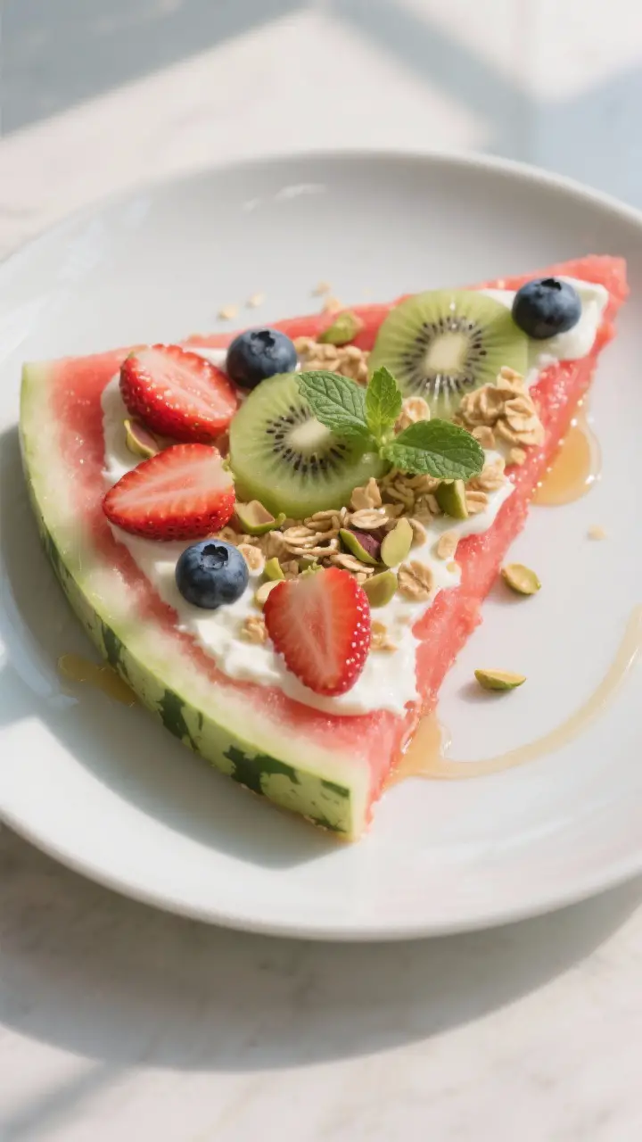 Close-up detail: A single sliced wedge of finished watermelon pizza on a matte white plate, creamy v