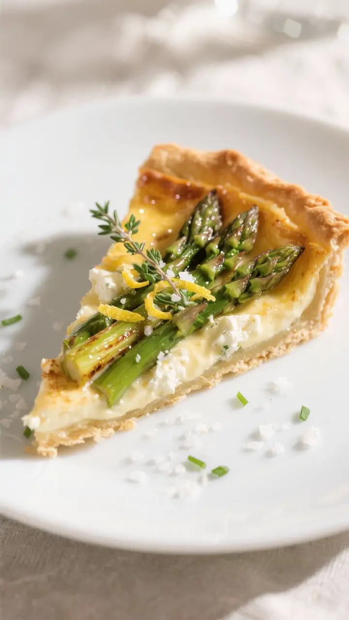 Close-up detail: A slice of baked asparagus and goat cheese tart just after resting, showing glossy,