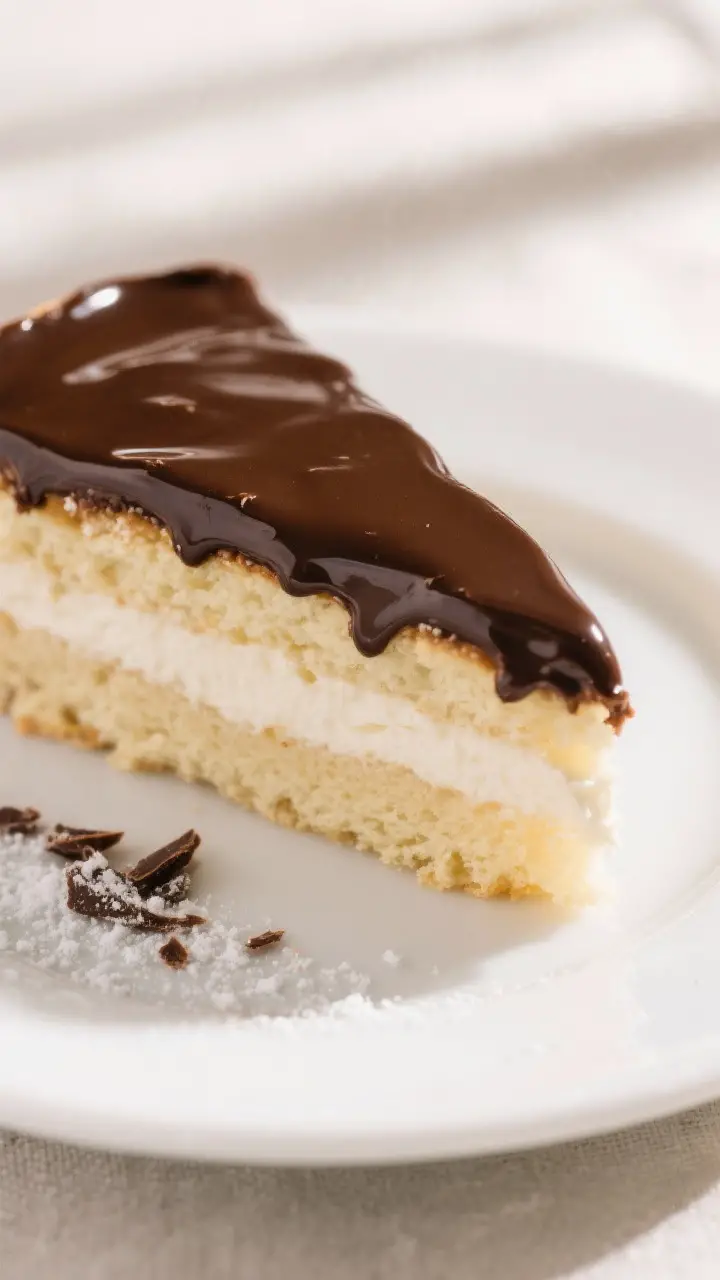 Close-up detail: A slice of Boston Cream Pie on a white dessert plate, showing ultra-tender vanilla 