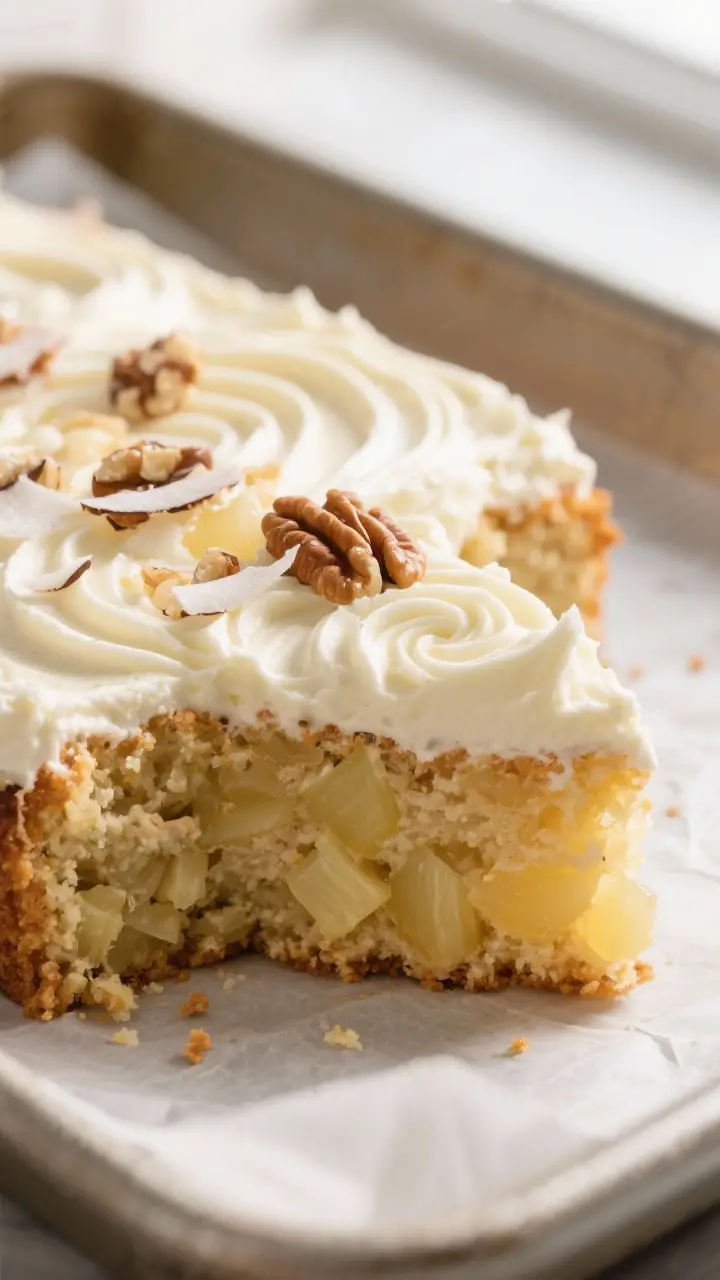 Close-up detail: A slice of crushed pineapple sheet cake just cut from a 9x13 pan, showing a super-m