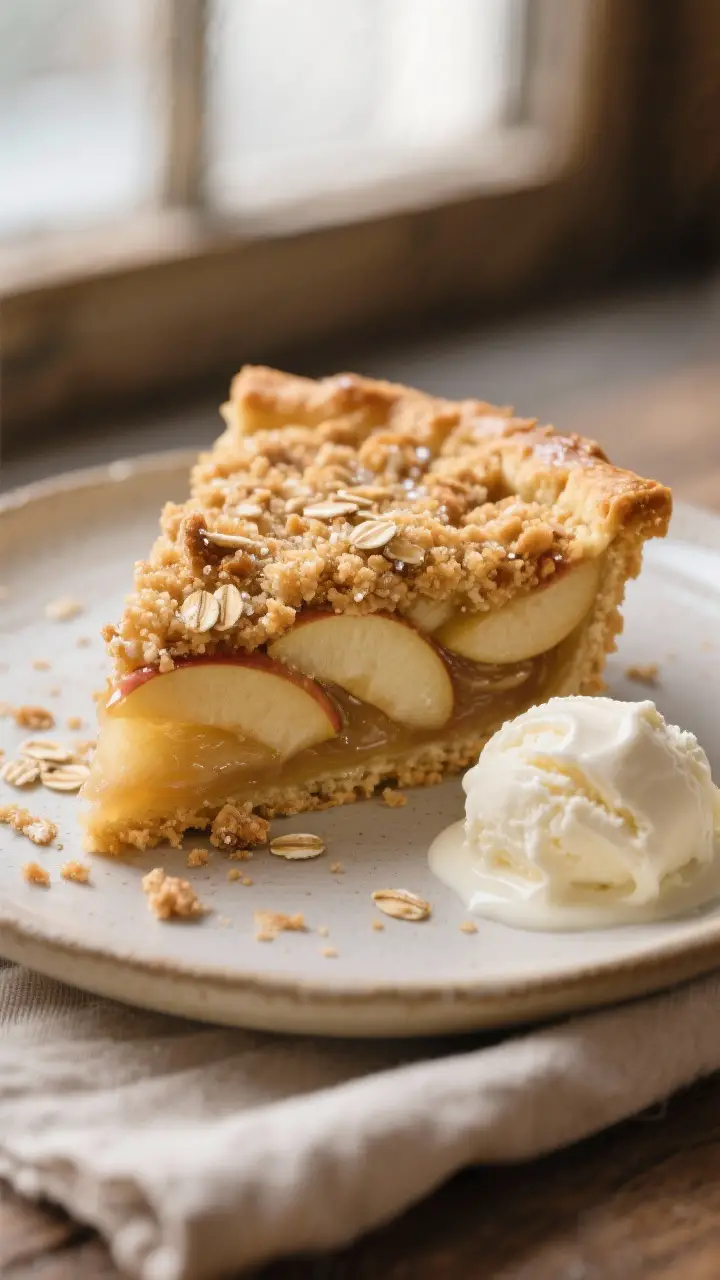 Close-up detail: A slice of Dutch apple pie just cut, showing tender 1/4-inch apple layers glistenin