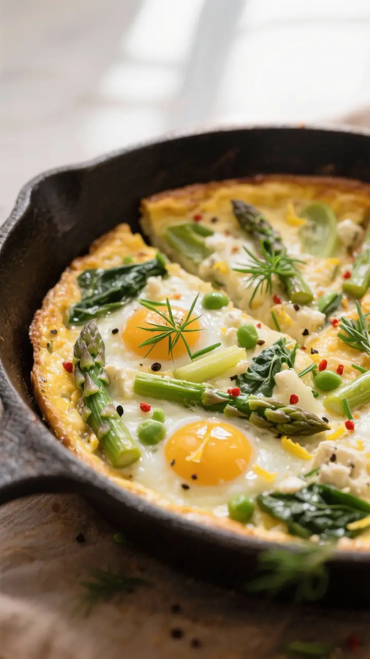 Close-up detail: A slice of spring vegetable frittata just out of the oven, showing custardy, tender