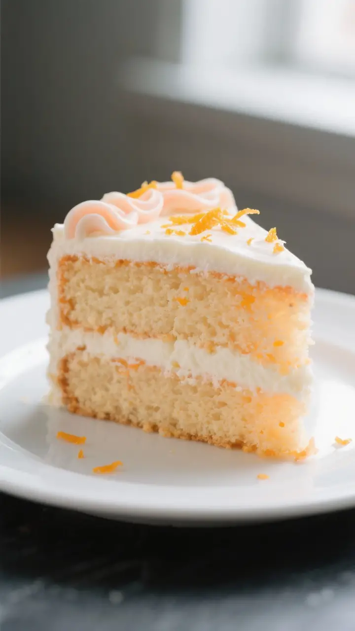 Close-up detail: A sliced wedge of Orange Creamsicle Cake revealing a moist, tender pale-orange crum