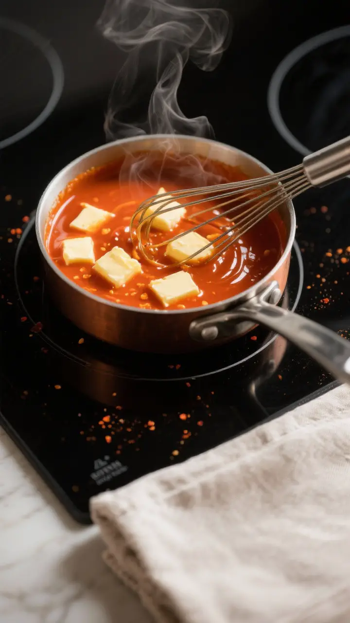 Close-up detail: A small saucepan of glossy Buffalo sauce mid-emulsion, butter cubes half-melted and