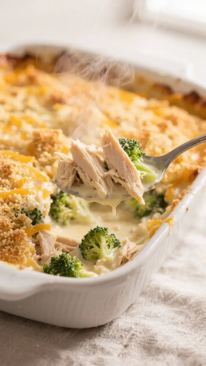 Close-up detail: A spoon scooping into the freshly baked Chicken and Broccoli Casserole, showing cre