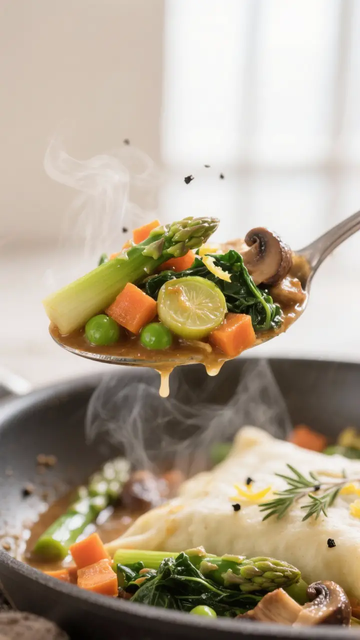 Close-up detail: A spoonful of the hot spring vegetable filling just before assembly, showing glossy