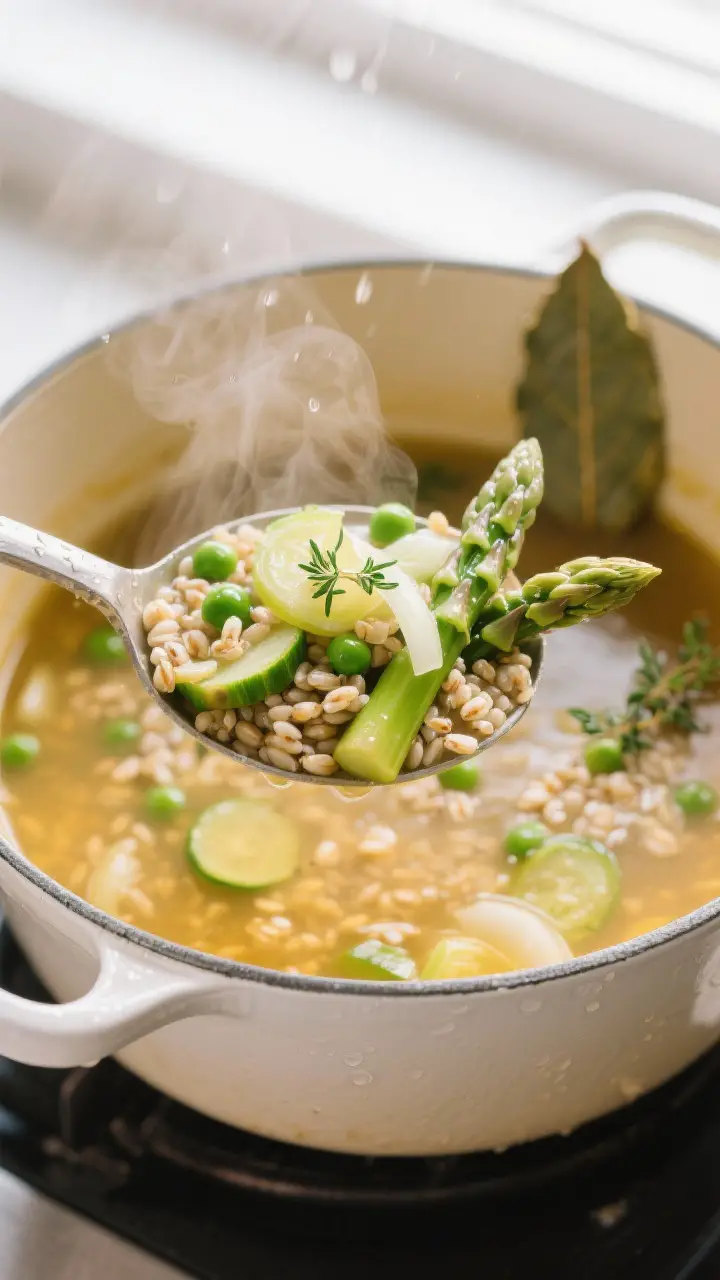 Close-up detail: A steaming ladle lifting Spring Vegetable Barley Soup from a Dutch oven, showcasing