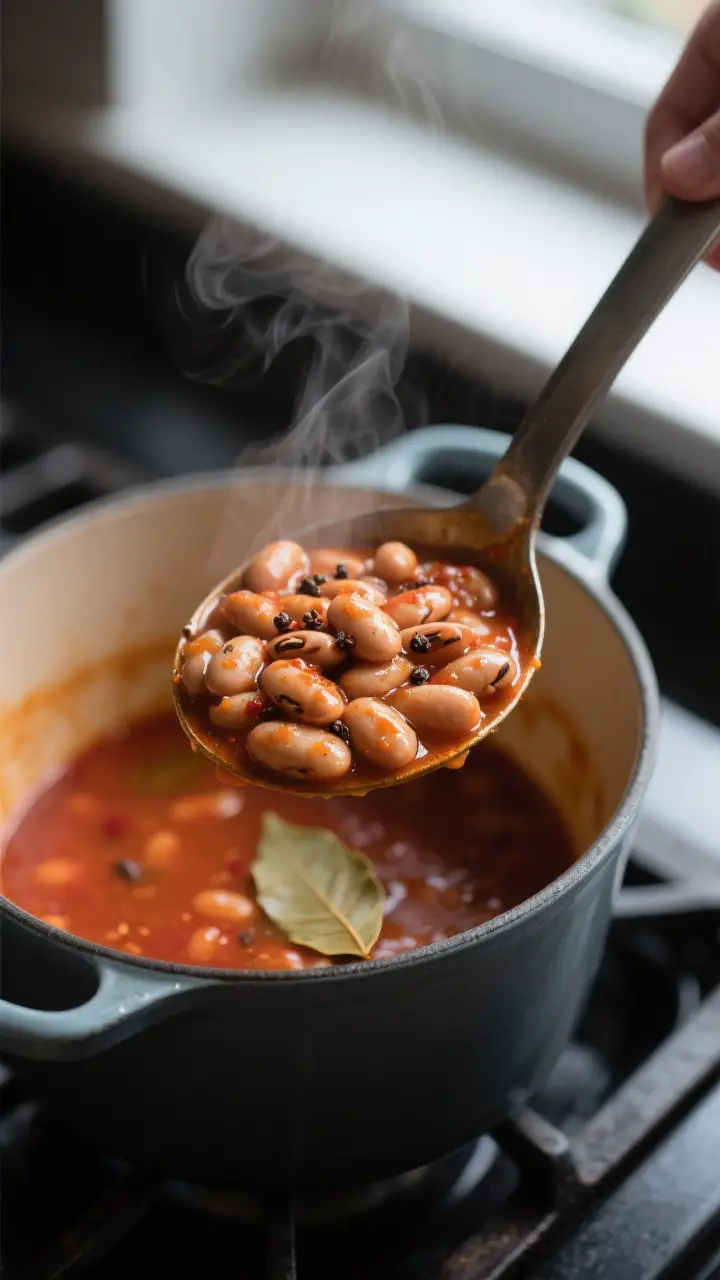 Close-up detail: A steaming ladleful of simmered pinto beans lifted from a Dutch oven, showing tende