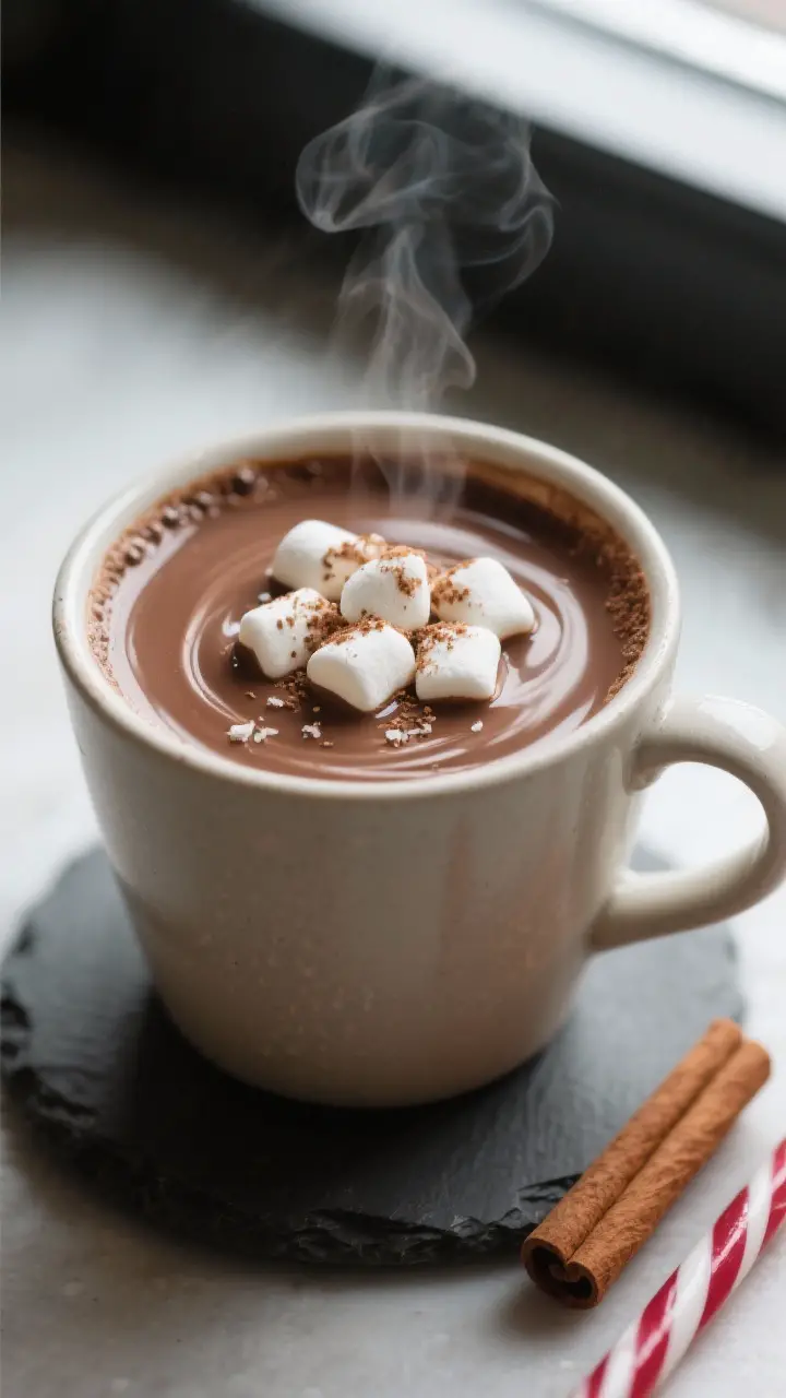 Close-up detail: A steaming mug of finished homemade hot chocolate, whisked to a silky sheen with ti