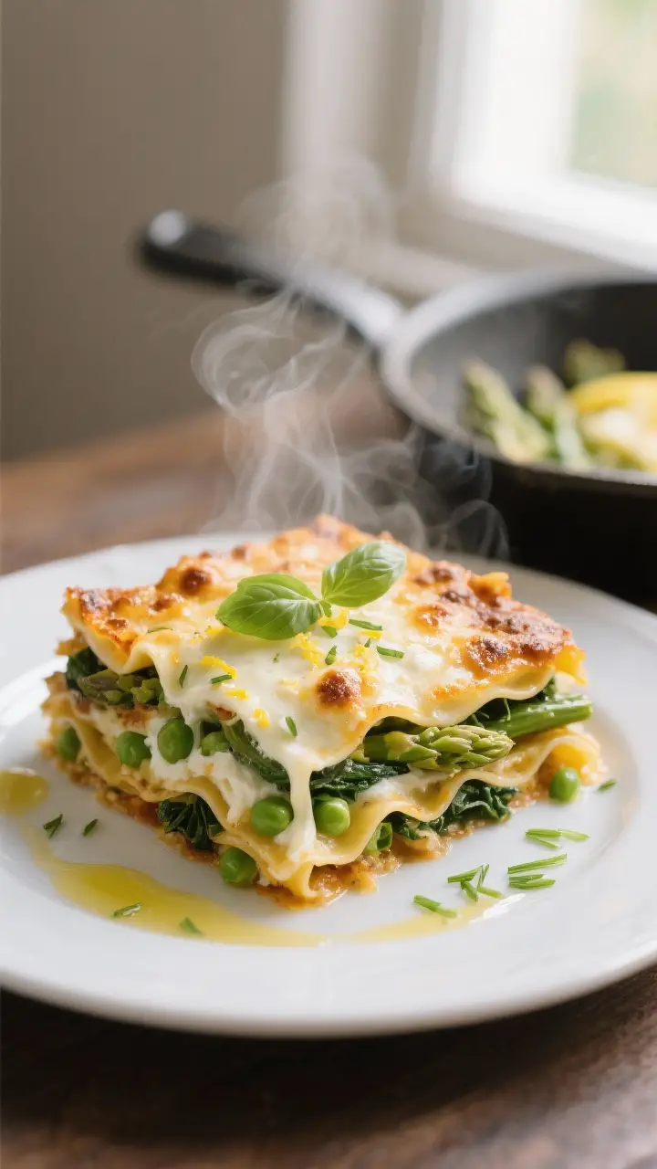 Close-up detail: A steaming slice of vegetable lasagna just lifted from the pan, showing distinct la