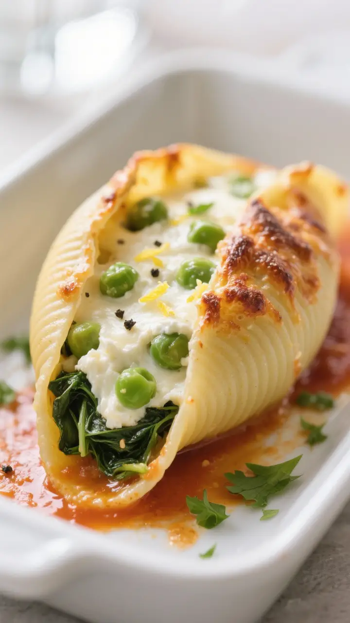 Close-up detail: A stuffed jumbo pasta shell just out of the oven, bursting with creamy ricotta, pea