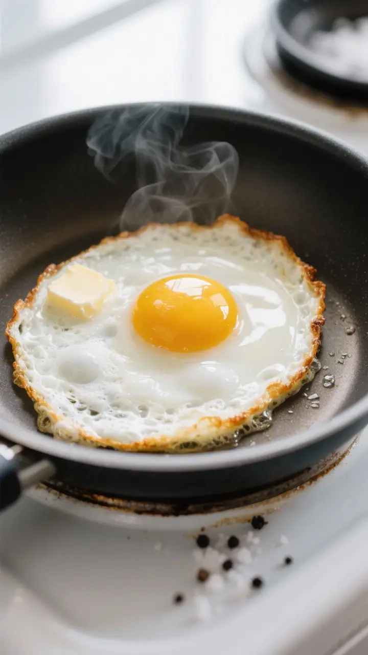 Close-up detail: A sunny side up egg cooking in a small nonstick skillet, medium-low heat, butter li