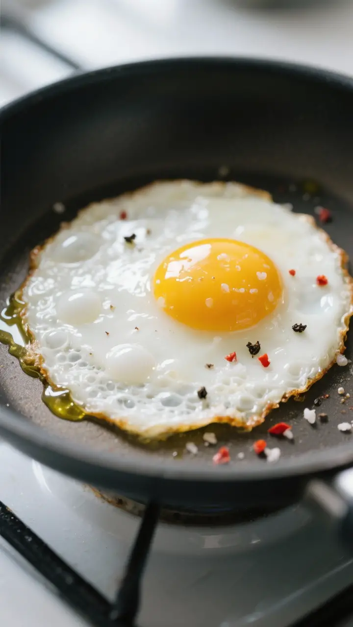 Close-up detail: A sunny-side-up fried egg in a small nonstick skillet, whites set with delicate, la