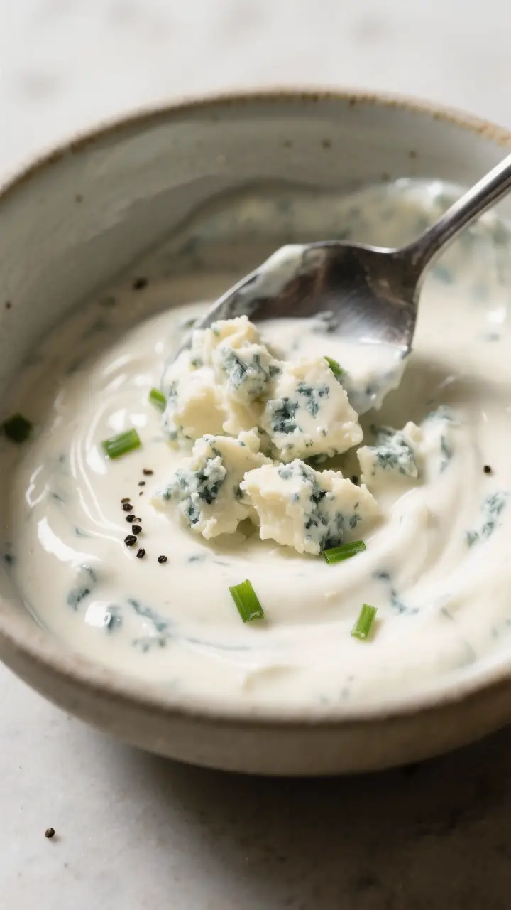 Close-up detail: A thick, creamy blue cheese dressing being mixed in a ceramic bowl, spoon mashing s